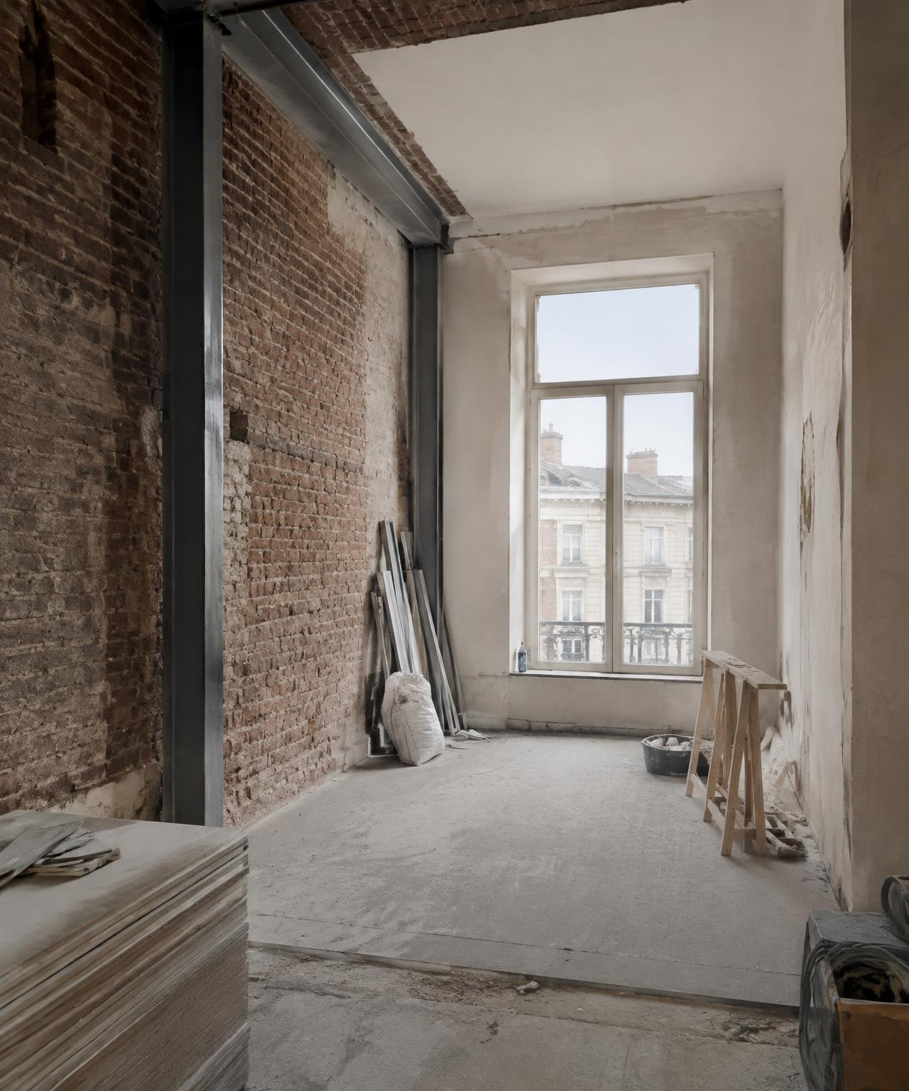 Brussels herenhuis in renovatie met blootgelegde baksteen